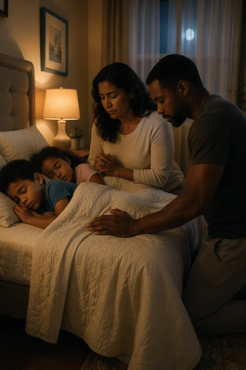 Parents Praying Over Children at Bedtime