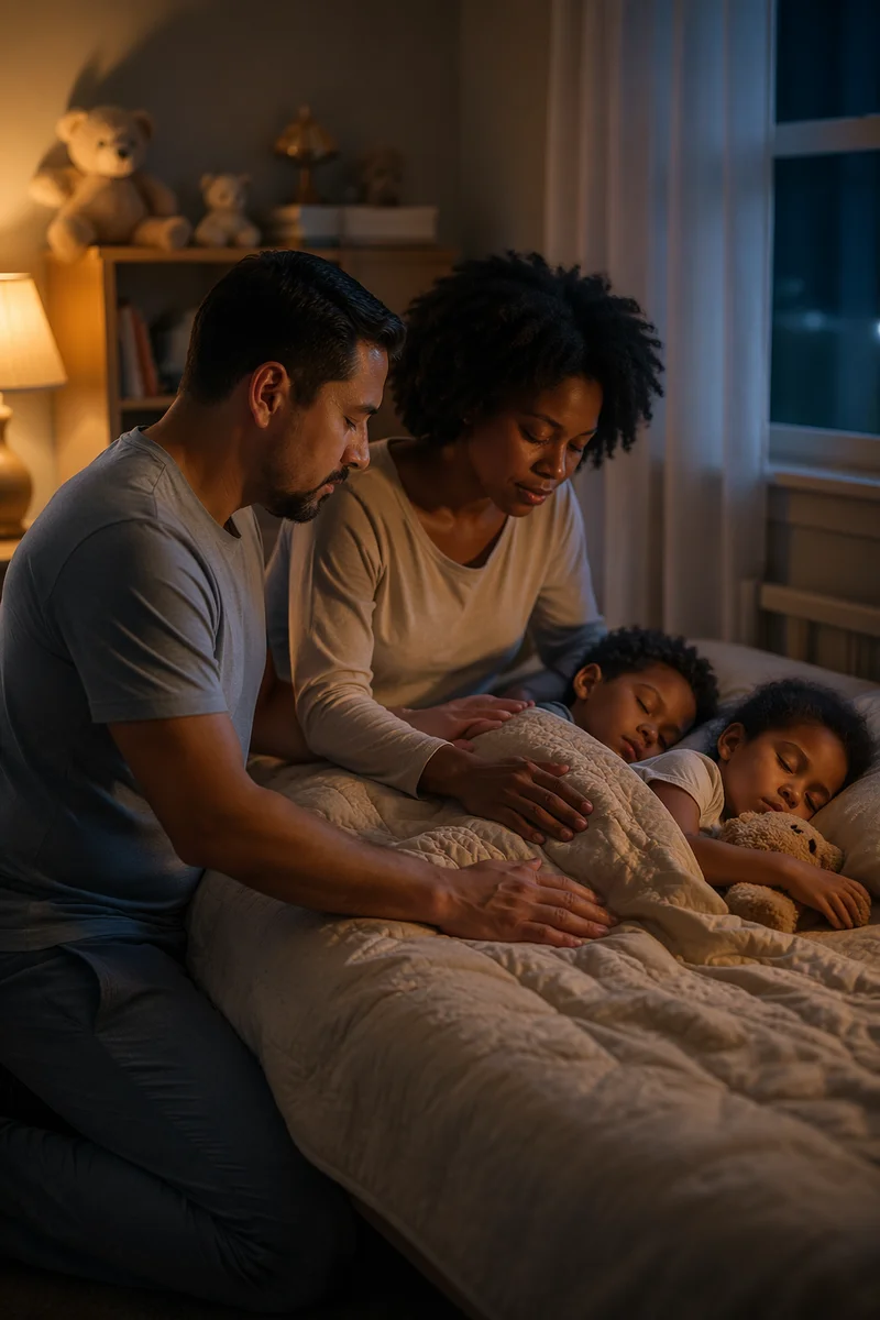 Parents Praying Beside Children at Bedtime