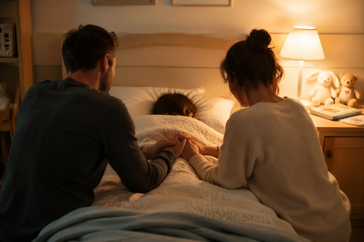 Parents Praying Over Child at Bedtime