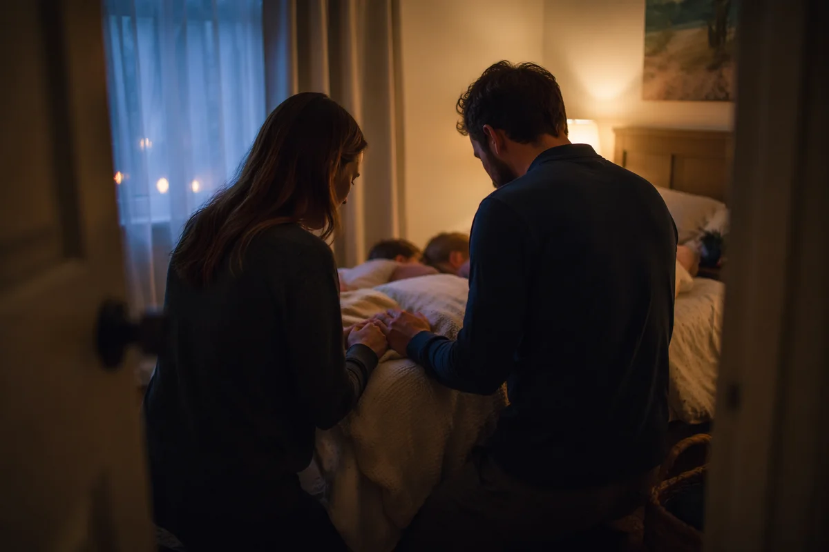 Parents Praying Over Children at Bedtime