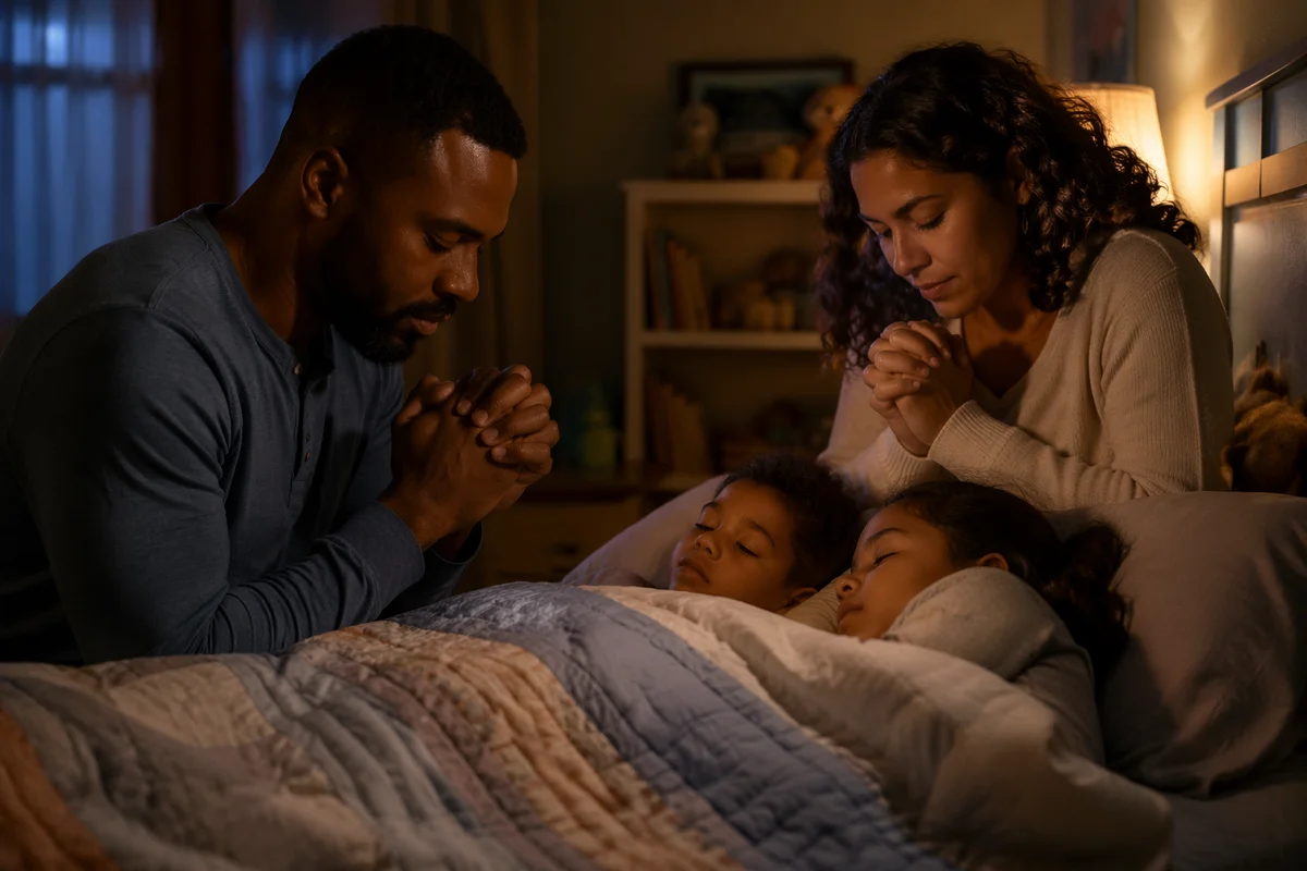 Parents Praying Beside Children at Bedtime
