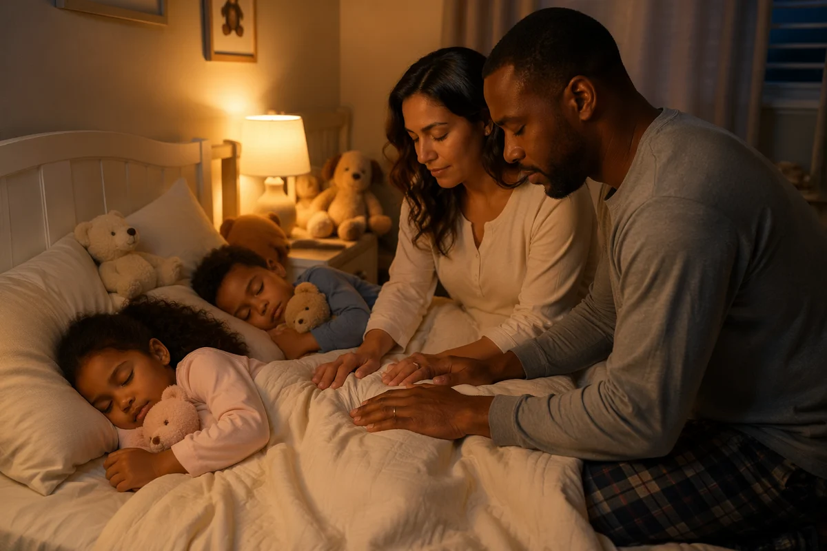Parents Praying Beside Sleeping Children