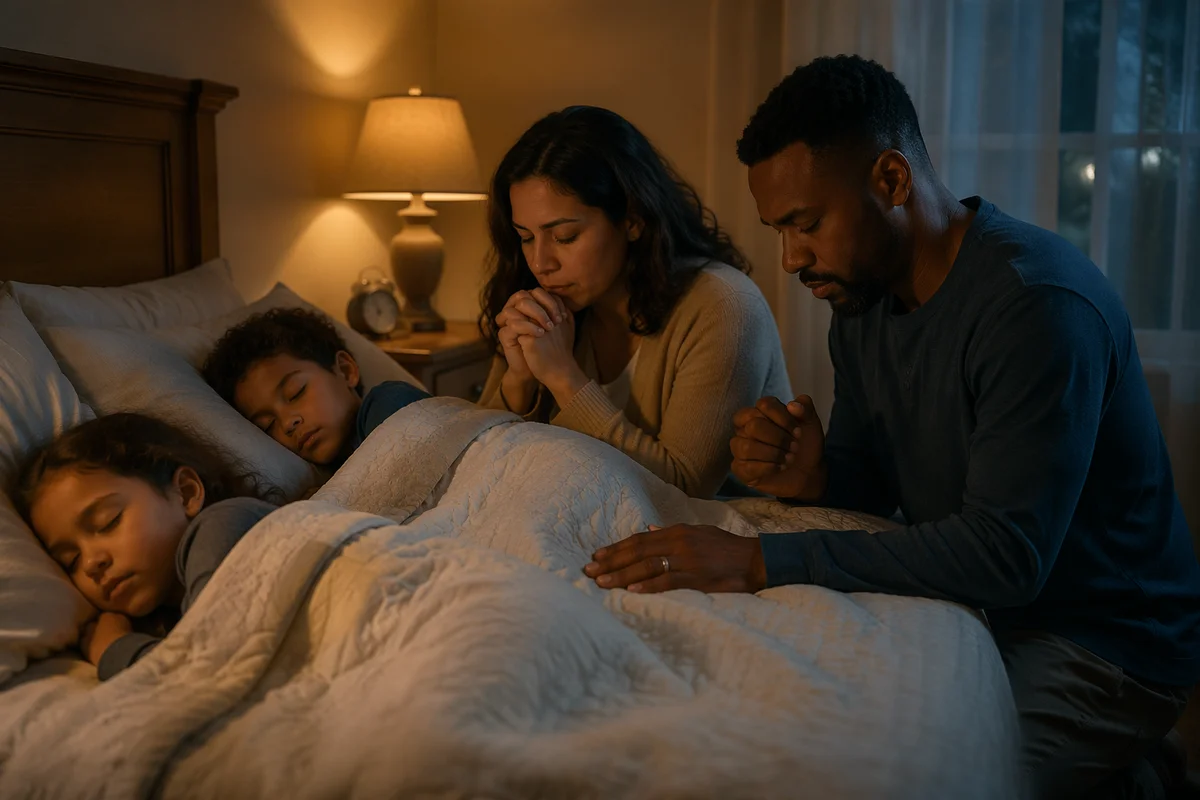 Parents Praying Beside Sleeping Children