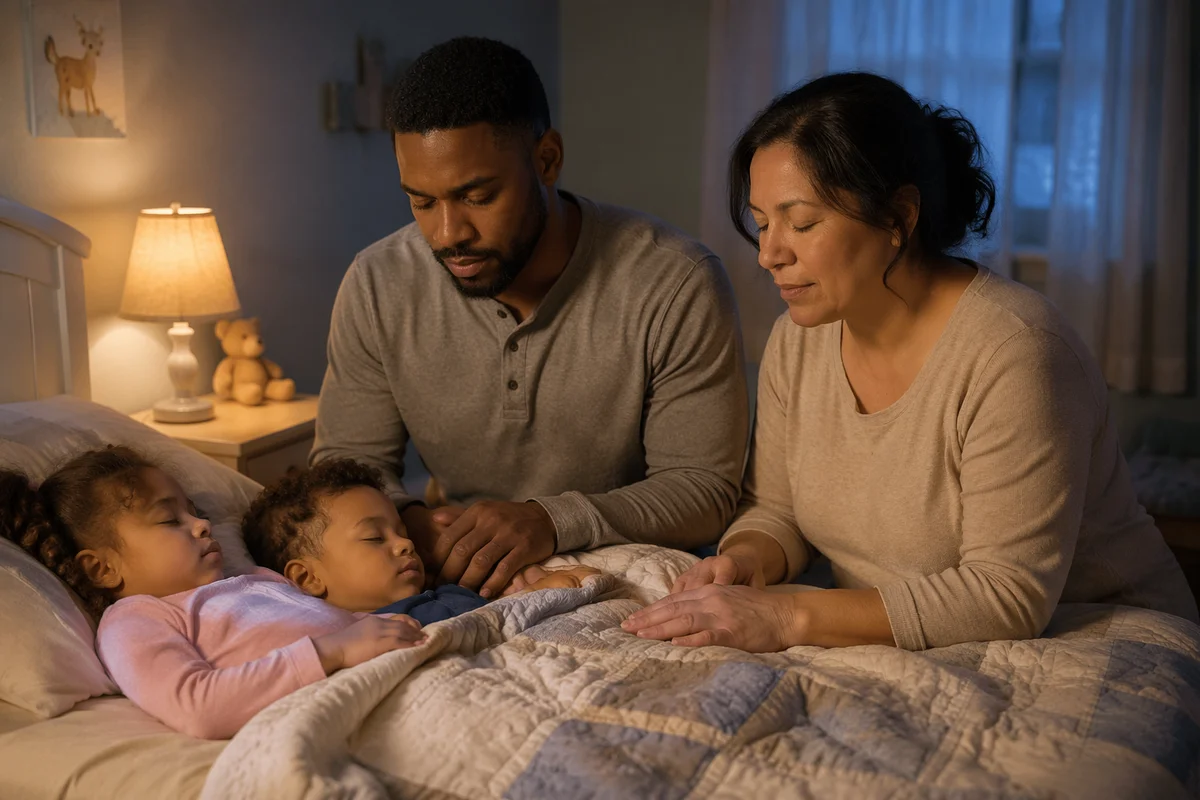 Parents Praying Beside Sleeping Children