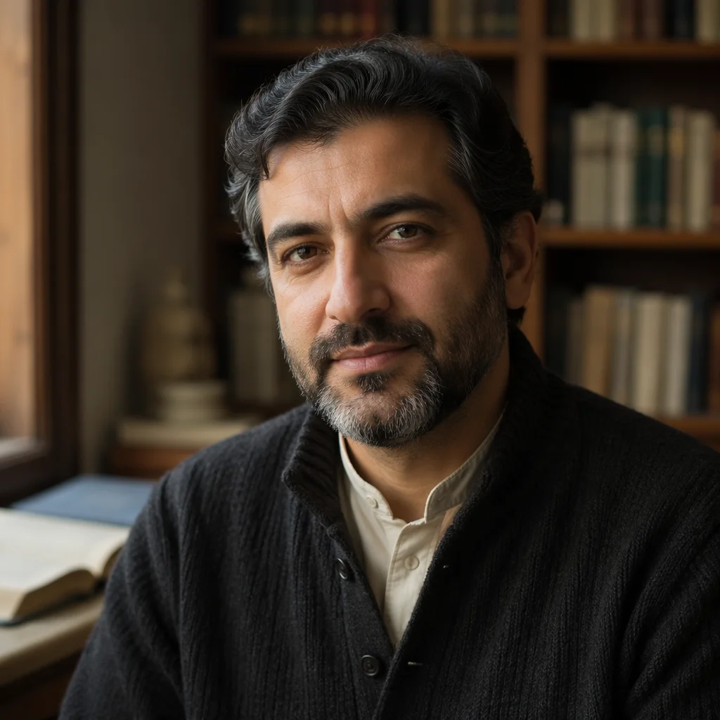 Thoughtful Persian Man in Booklined Study