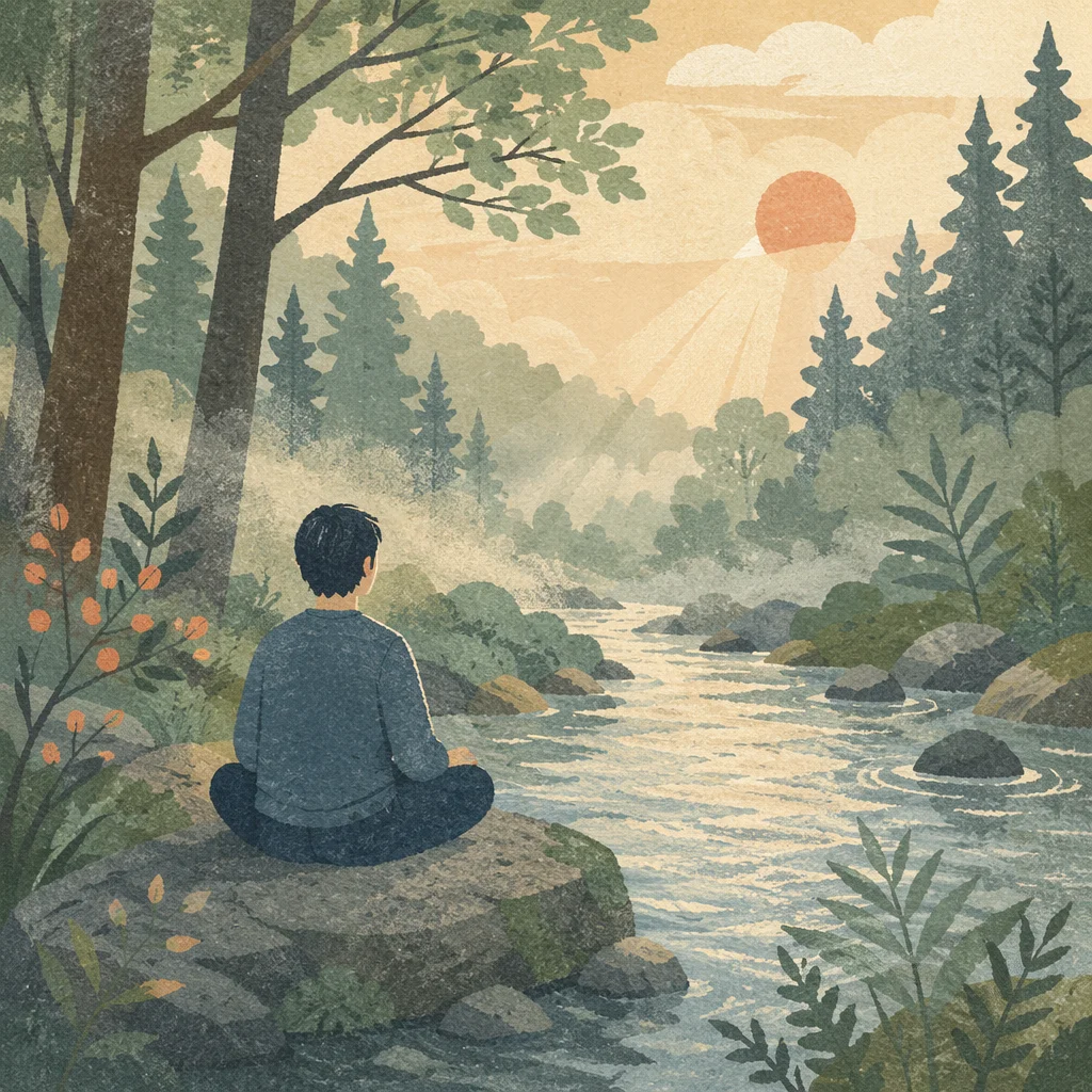 Peaceful Meditation by Forest Stream Sunrise
