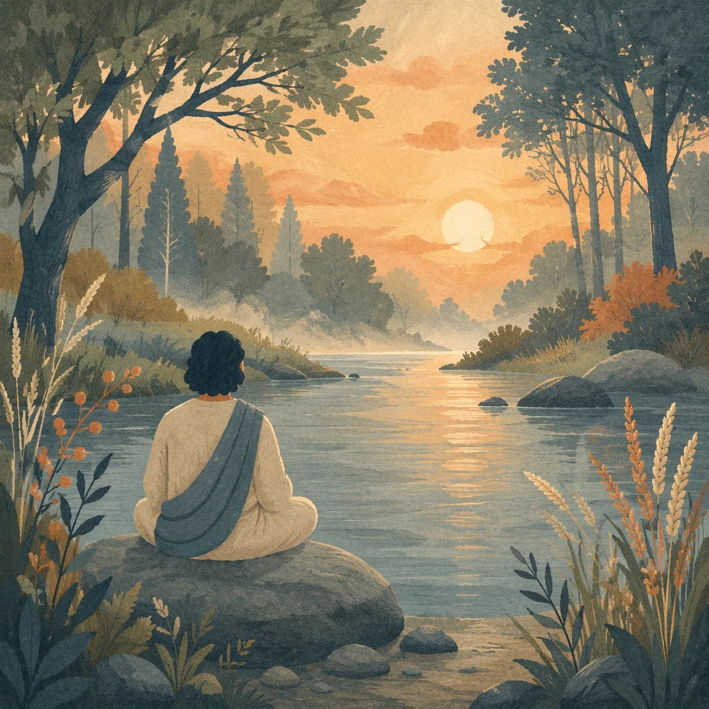 Peaceful Dawn Meditation by Forest Stream