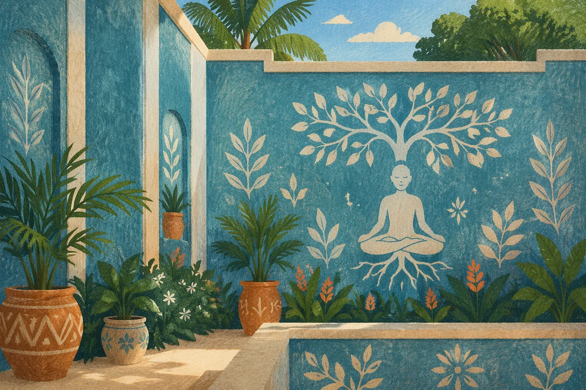 Peaceful Meditation Mural in Turquoise Garden