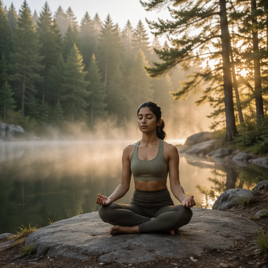 Woman Meditating by Misty Forest Lake
