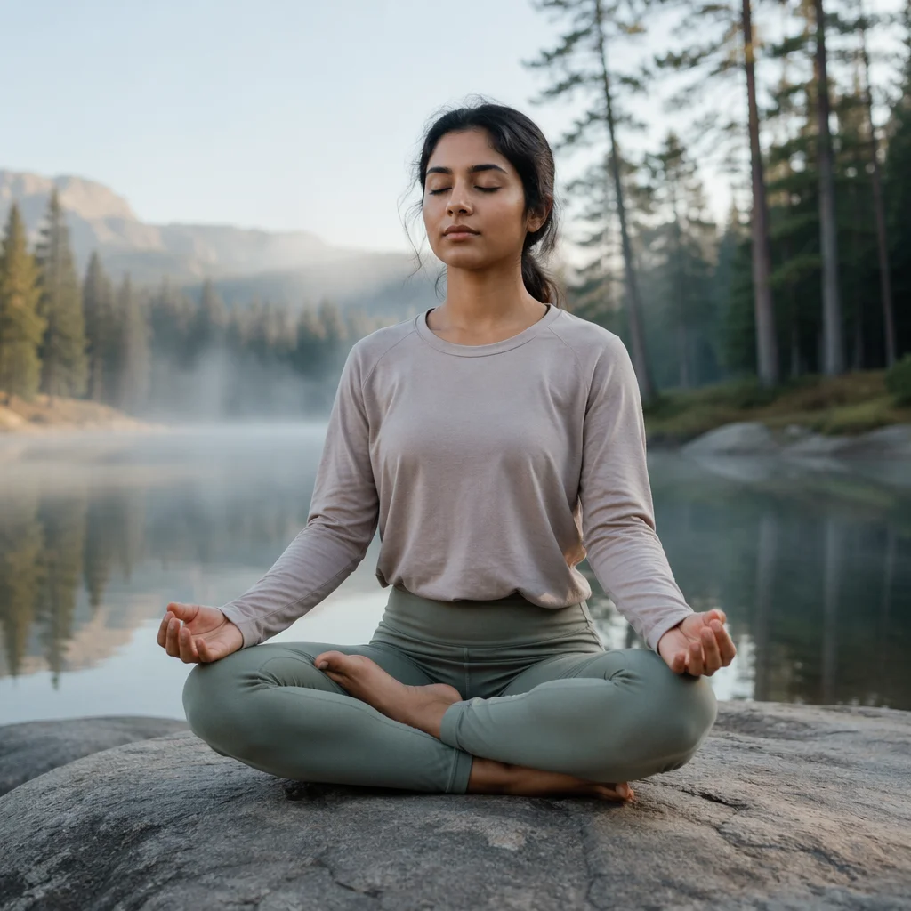 Woman Meditating by Forest Lake at Dawn