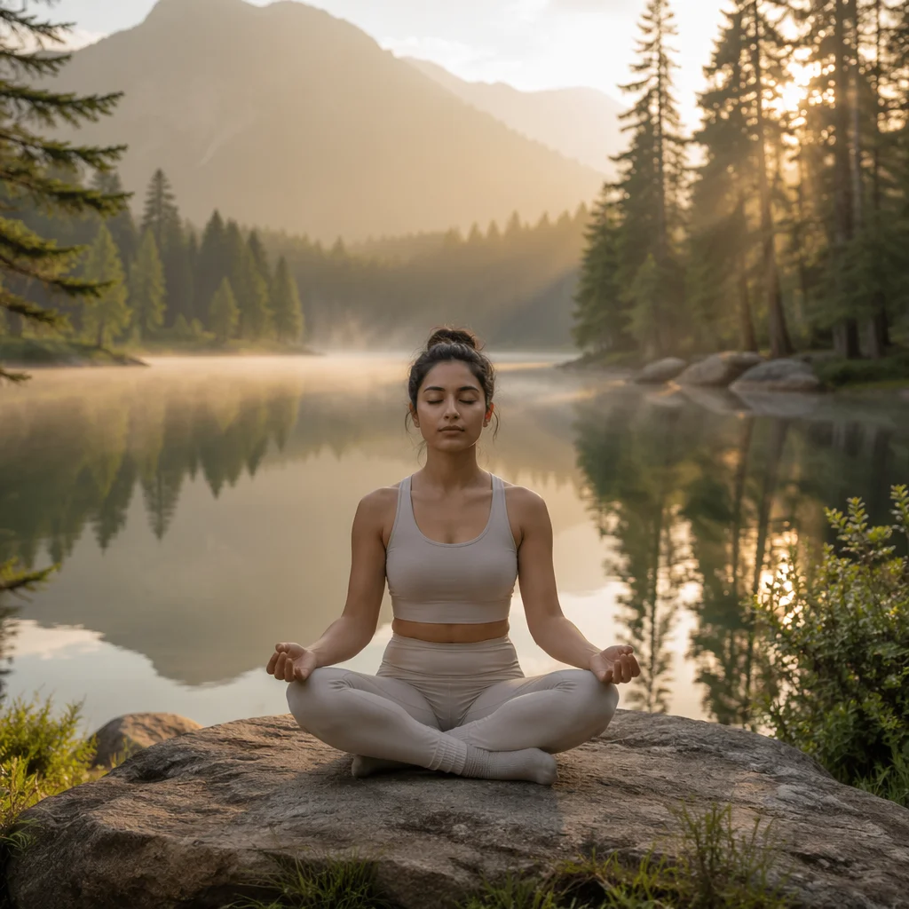 Woman Meditating by Forest Lake Dawn