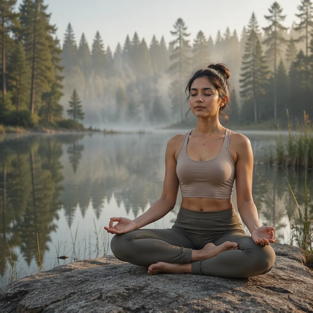 Woman Meditating Beside Misty Forest Lake