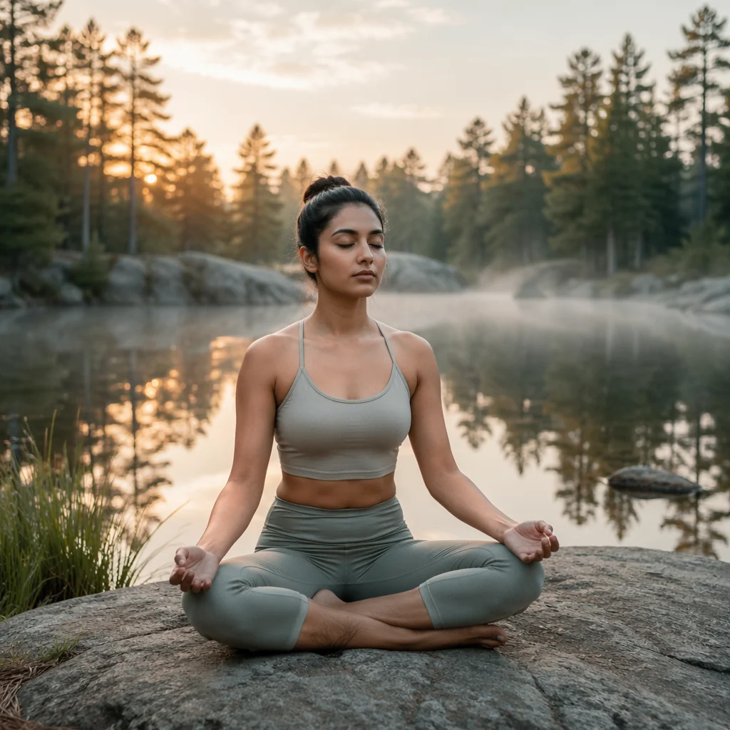Woman Meditating by Forest Lake Dawn