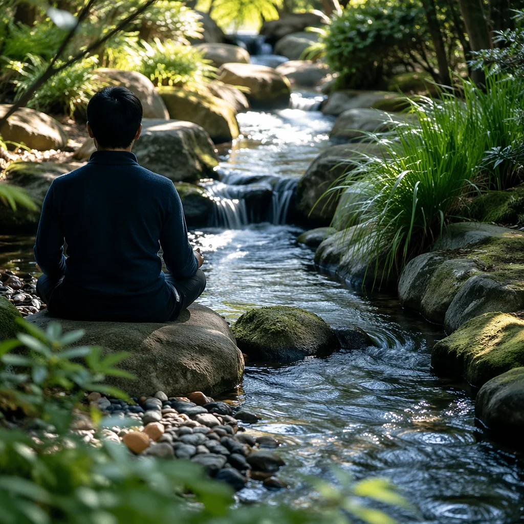 Peaceful Meditation Beside a Garden Stream