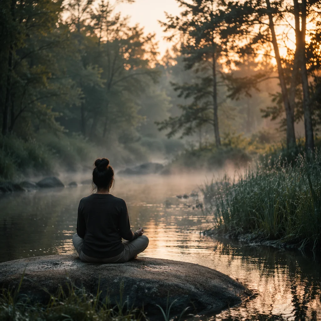 Peaceful Dawn Meditation by Forest Stream
