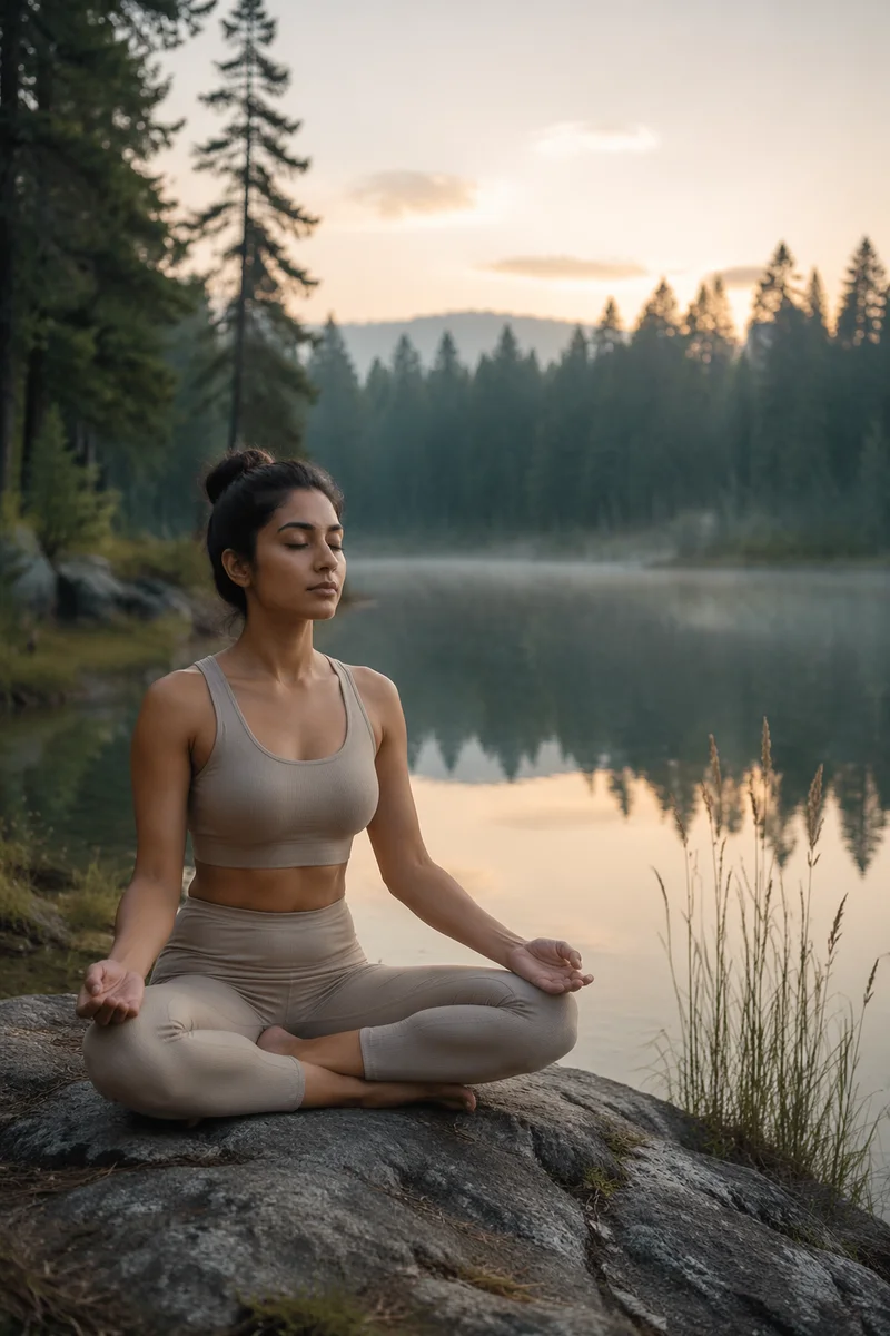 Woman Meditating by Forest Lake at Dawn