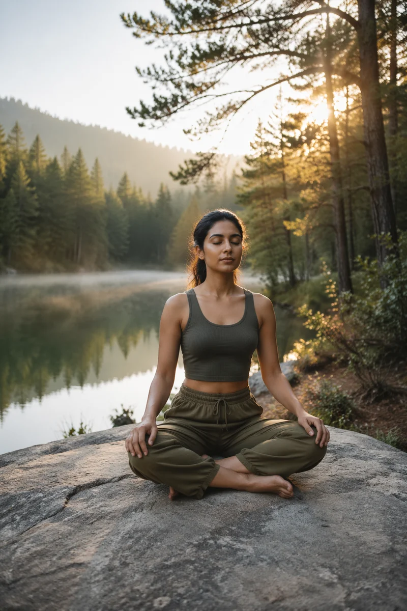 Young Woman Meditating by Forest Lake