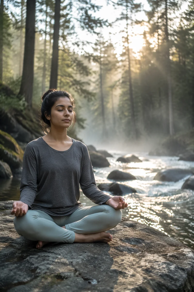 Woman Meditating Beside Forest Stream