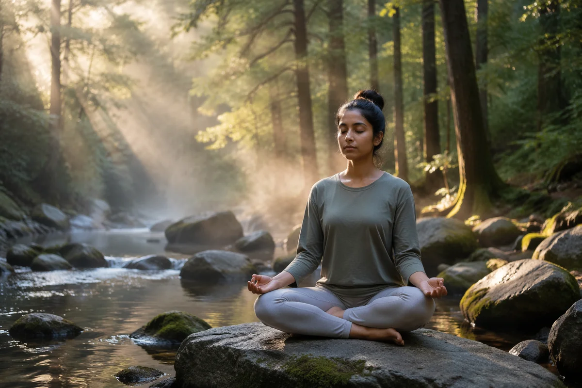Woman Meditating by Forest Stream at Dawn