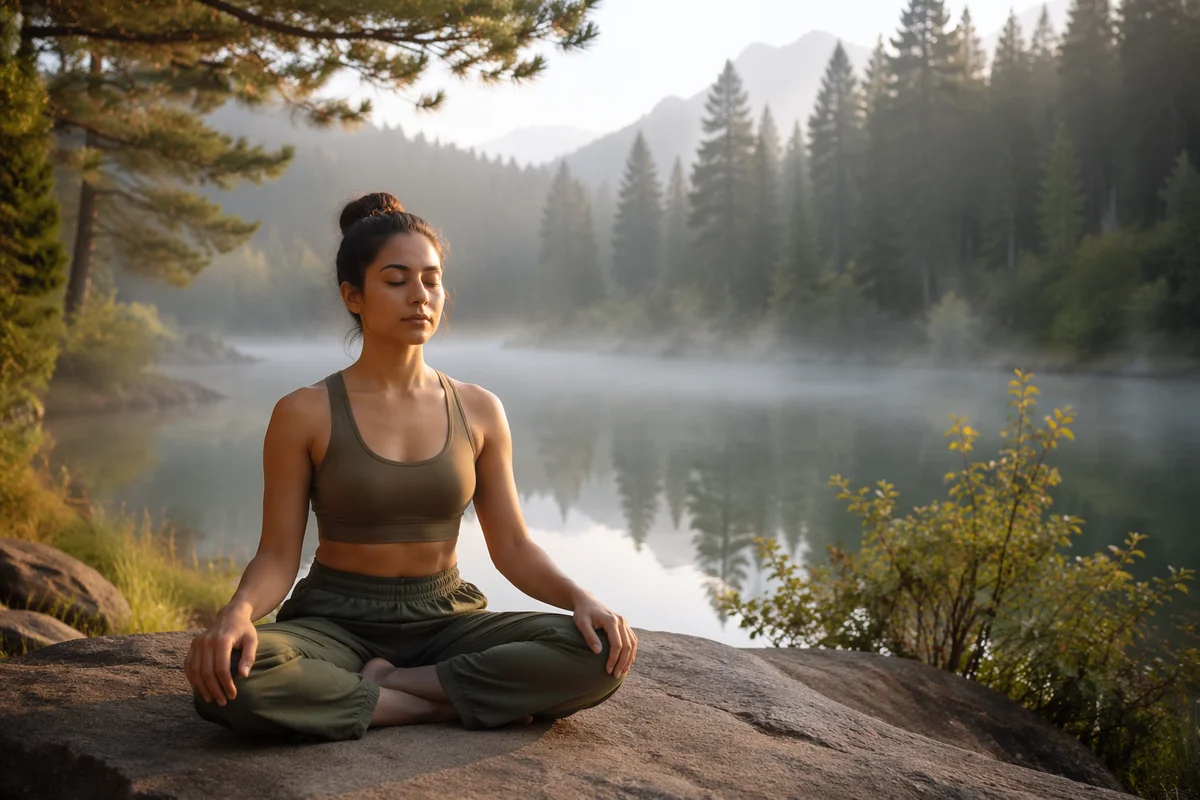 Woman Meditating by Misty Forest Lake