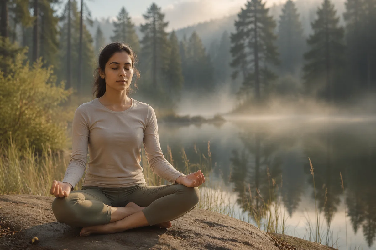 Woman Meditating by Misty Forest Lake