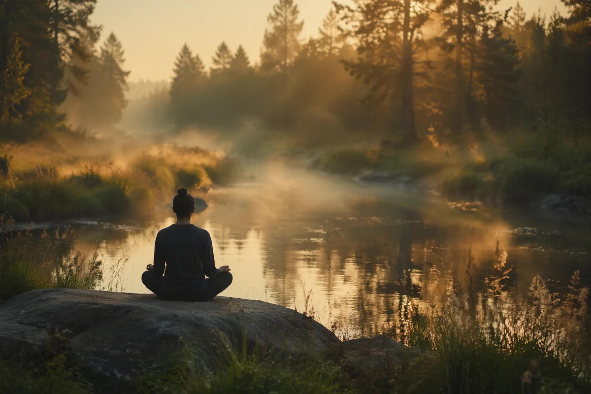 Peaceful Dawn Meditation by Forest Stream
