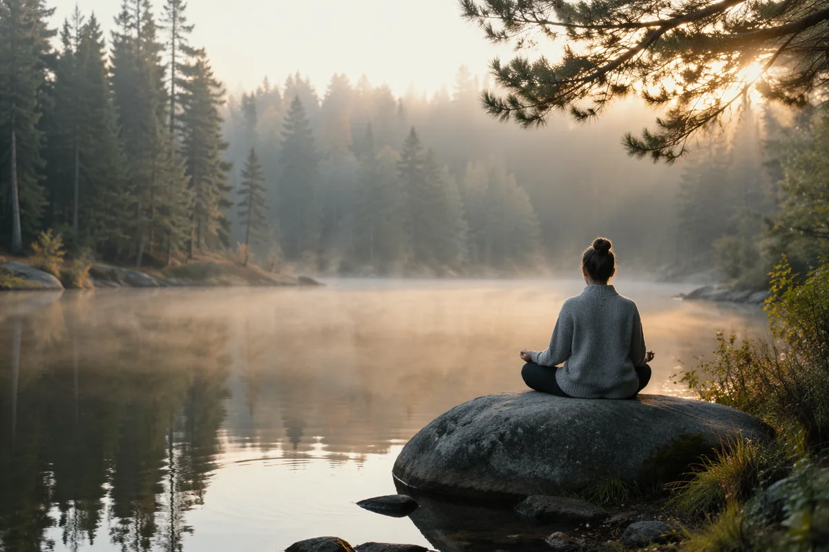 Peaceful Meditation by a Misty Forest Lake
