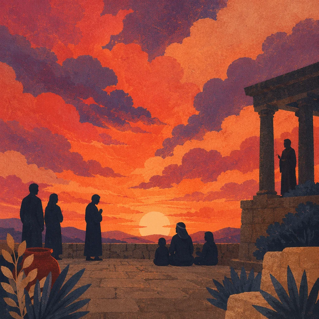 Prayerful Silhouettes Beneath Dramatic Sunset Clouds