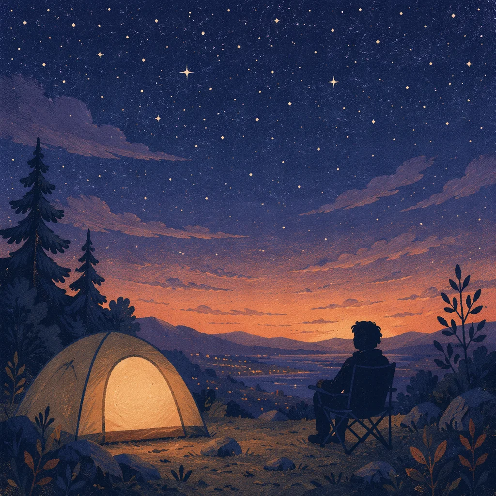 Solitary Silhouette Camping Under Twilight Stars