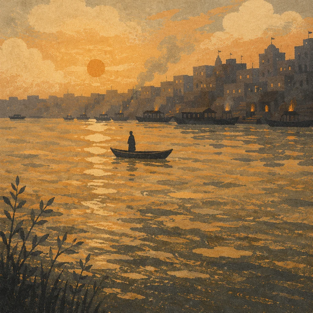 Lone Silhouette on Sunset River Boat