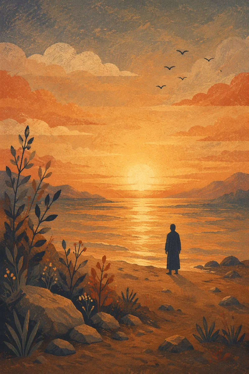 Solitary Silhouette at Dramatic Sunset Shoreline