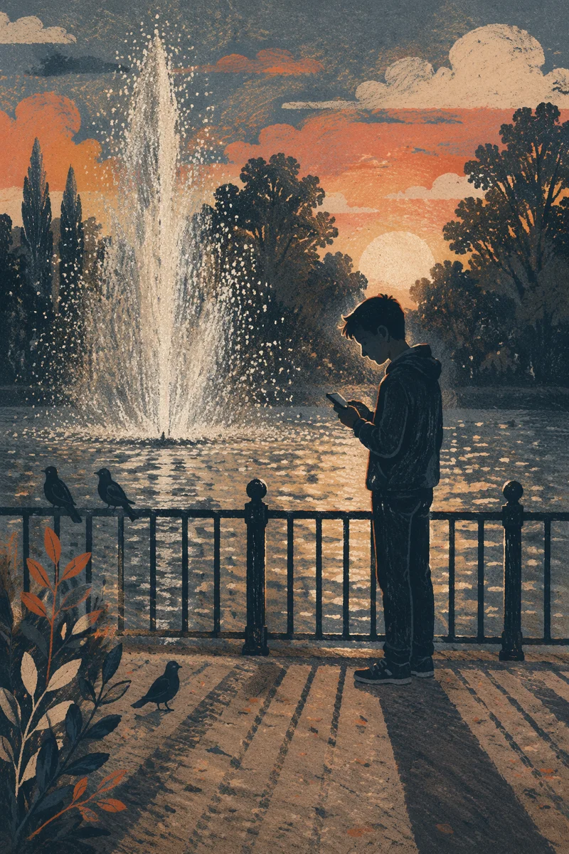 Solitary Silhouette by Sunset Fountain