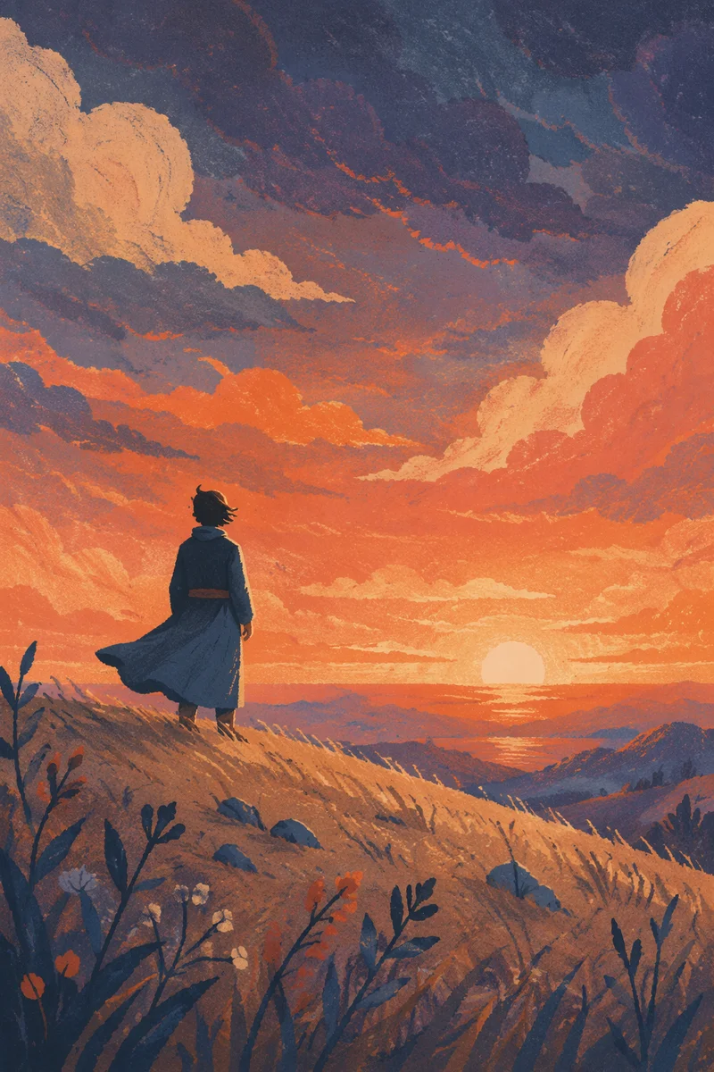 Lone Silhouette on Hill at Sunset
