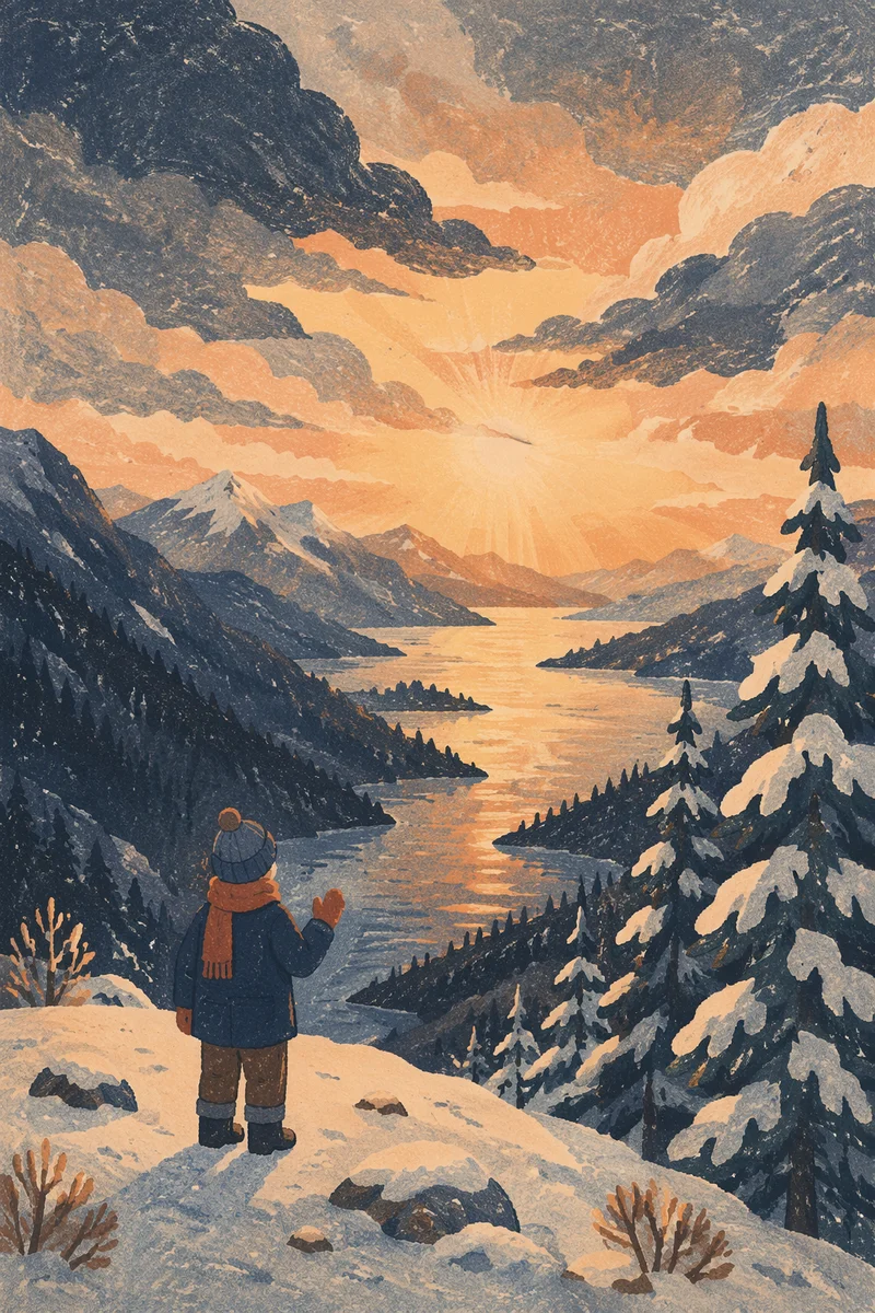 Solitary Silhouette at Snowy Sunset Valley