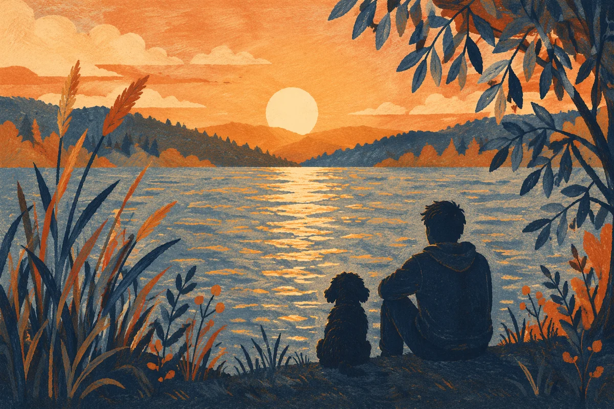 Contemplative Silhouette by Golden Lakeside Sunset