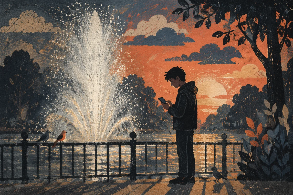 Solitary Silhouette by Sunset Fountain
