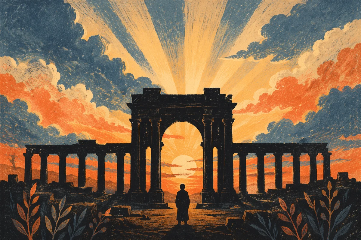 Silhouetted Figure Before Sunset Colonnade