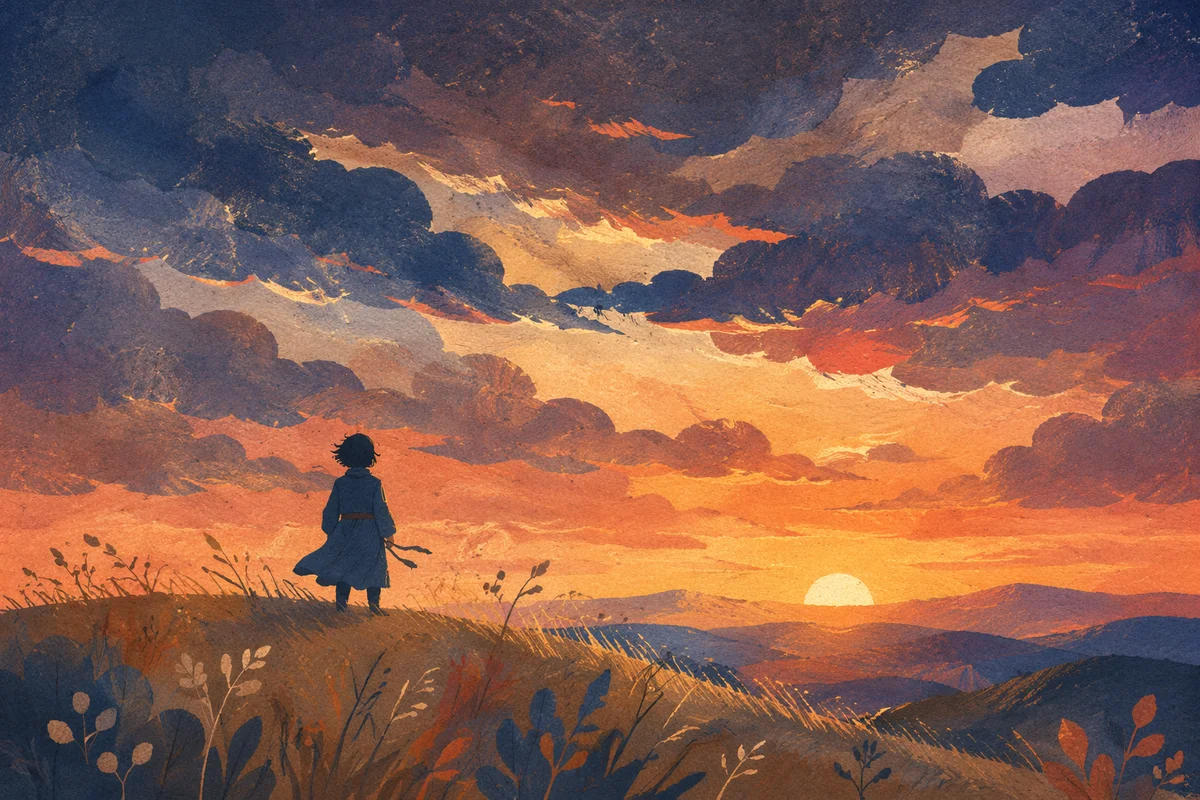 Lone Silhouette on Hill at Sunset