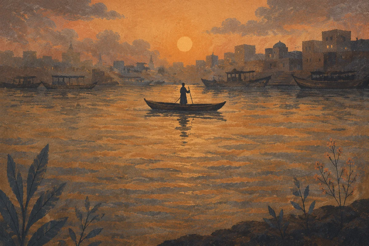 Silhouetted Prayerful Figure on Sunset River