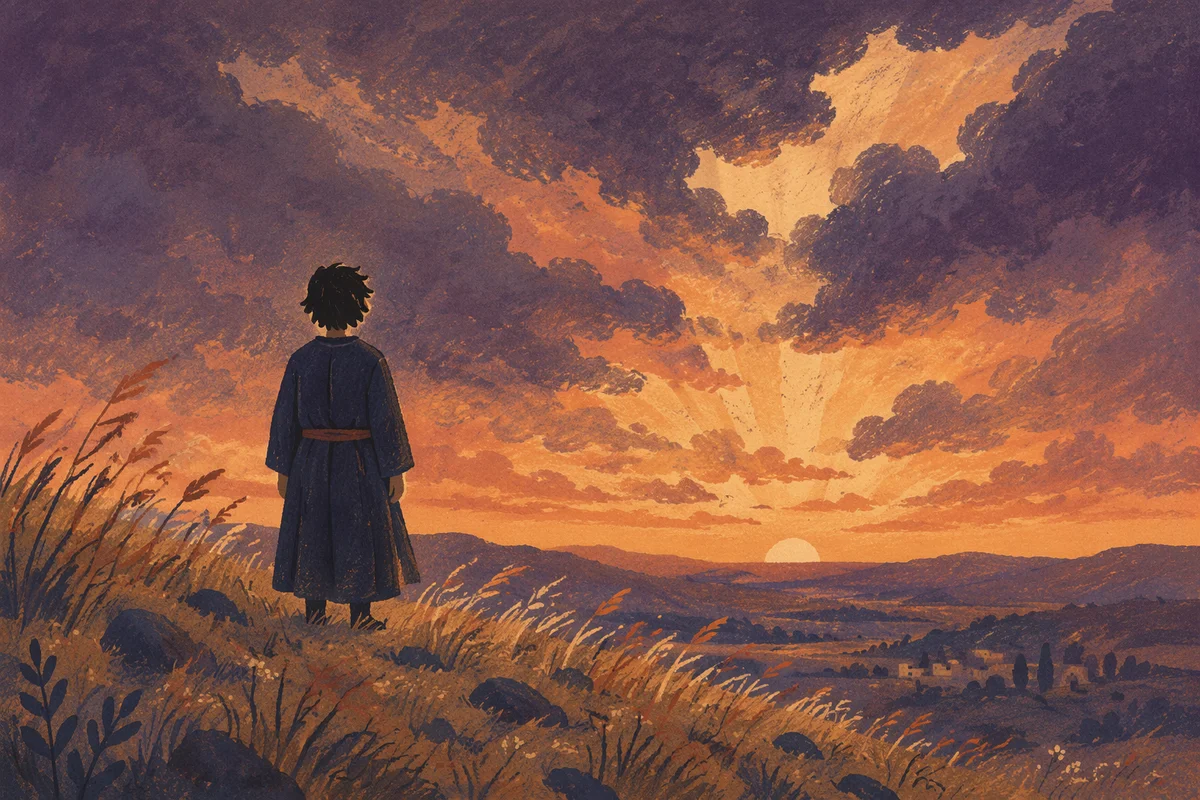 Silhouetted Figure on Stormy Sunset Hill