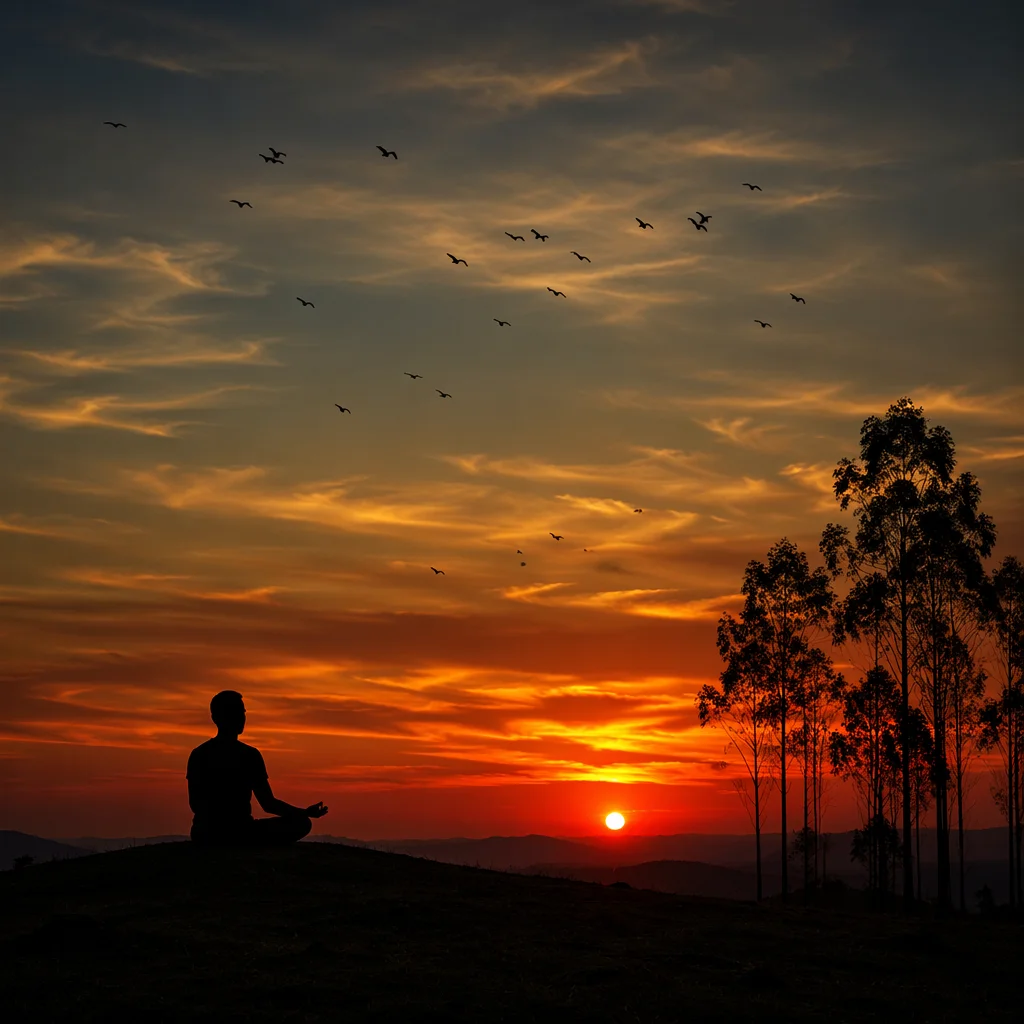 Solitary Silhouette Meditating at Dramatic Sunset