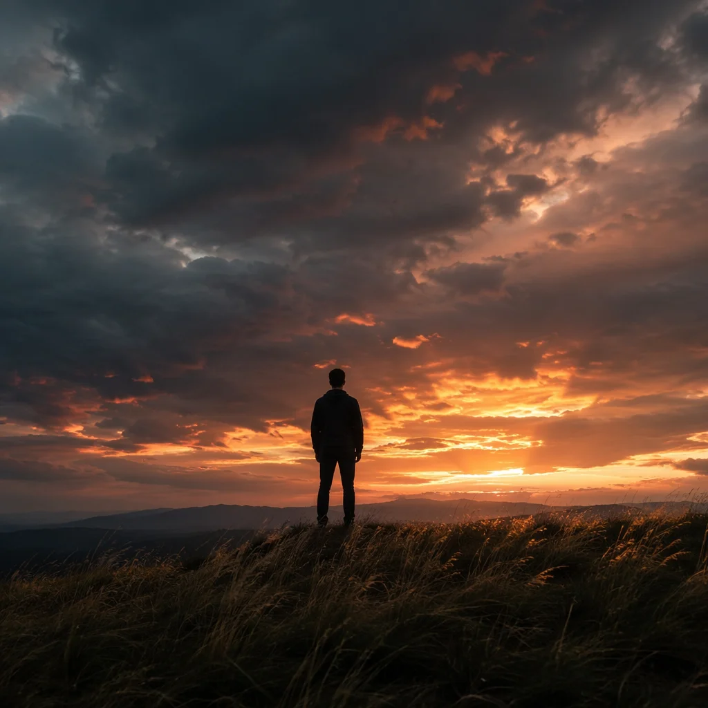 Solitary Silhouette on Grassy Ridge at Sunset