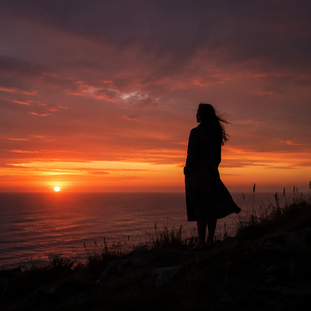 Woman Silhouette on Coastal Bluff at Sunset