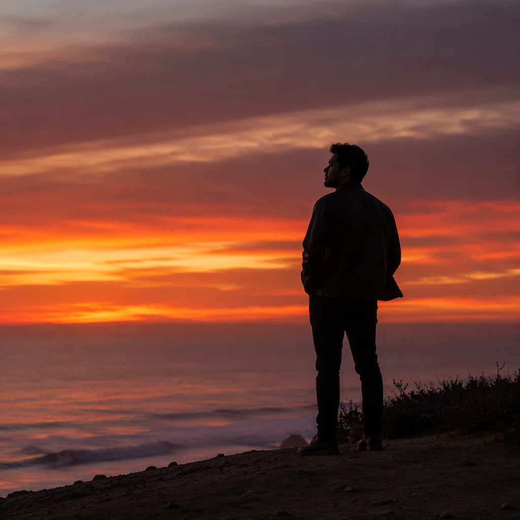 Solitary Man Silhouette on Coastal Bluff