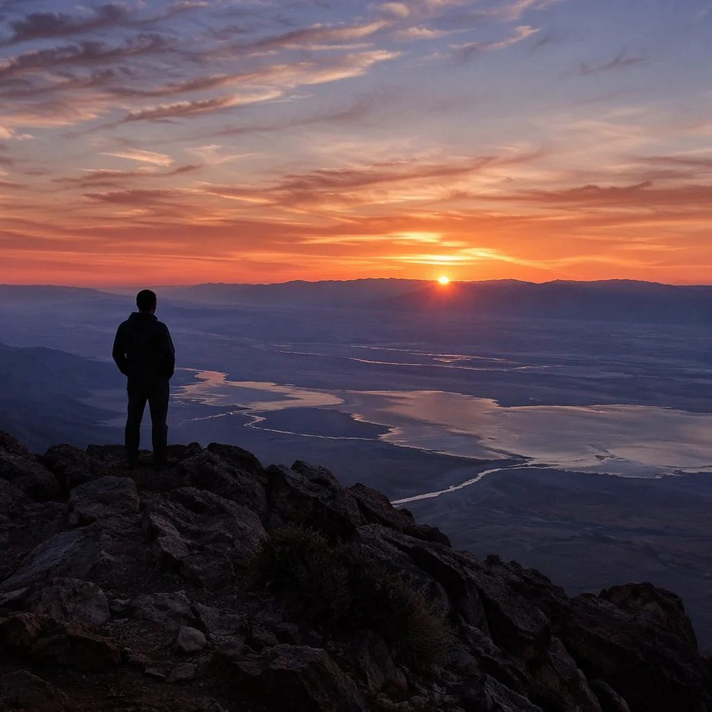 Solitary Silhouette Praying Over Sunset Valley