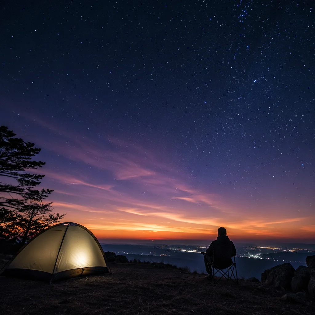 Solitary Camper Silhouette Under Twilight Stars