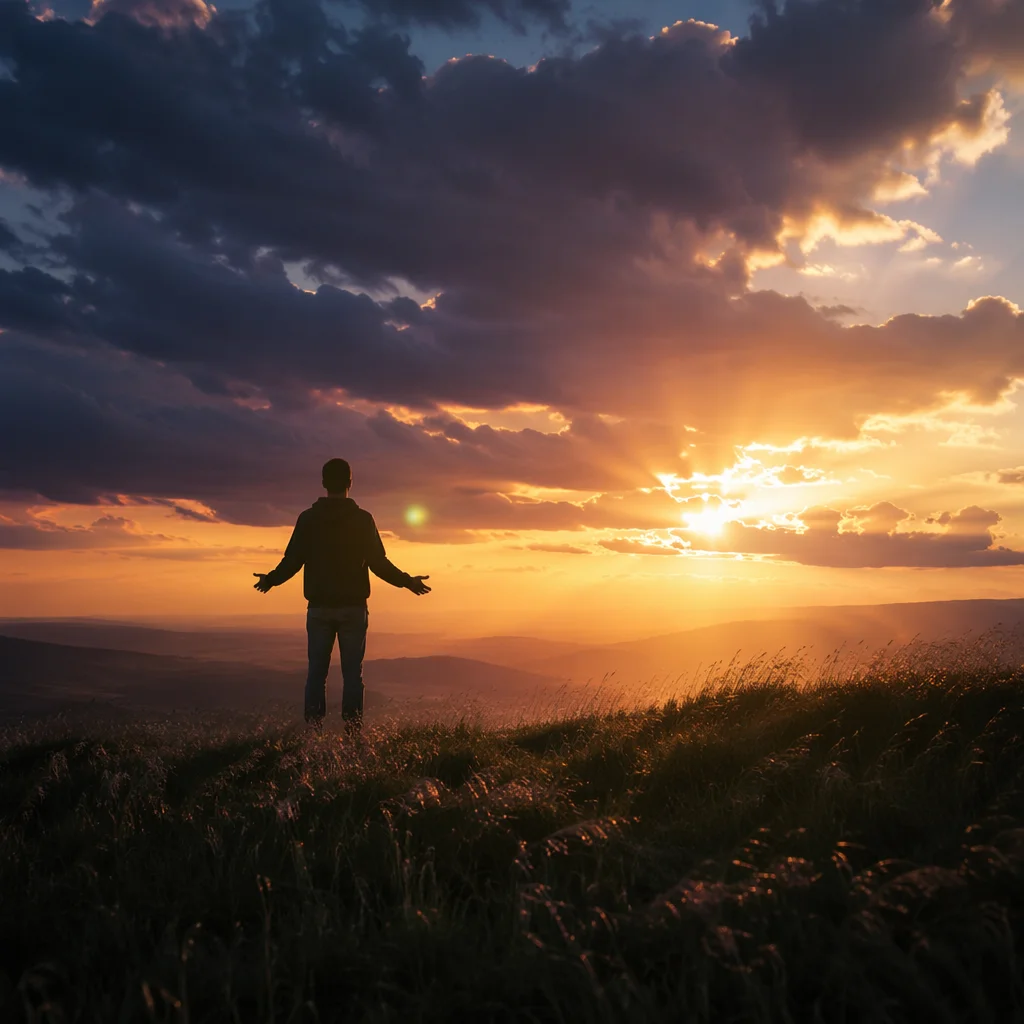 Silhouette in Prayer at Dramatic Sunset