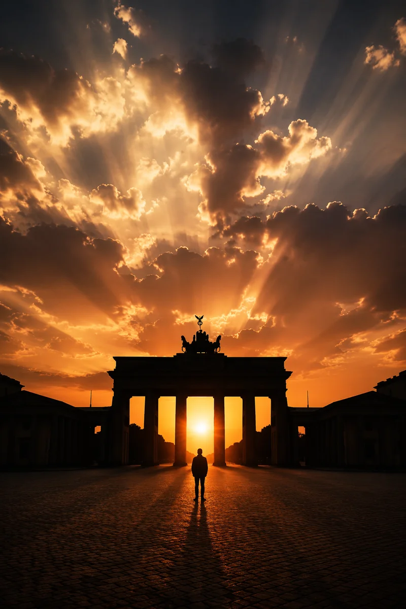 Silhouetted Figure Before Sunset Colonnade