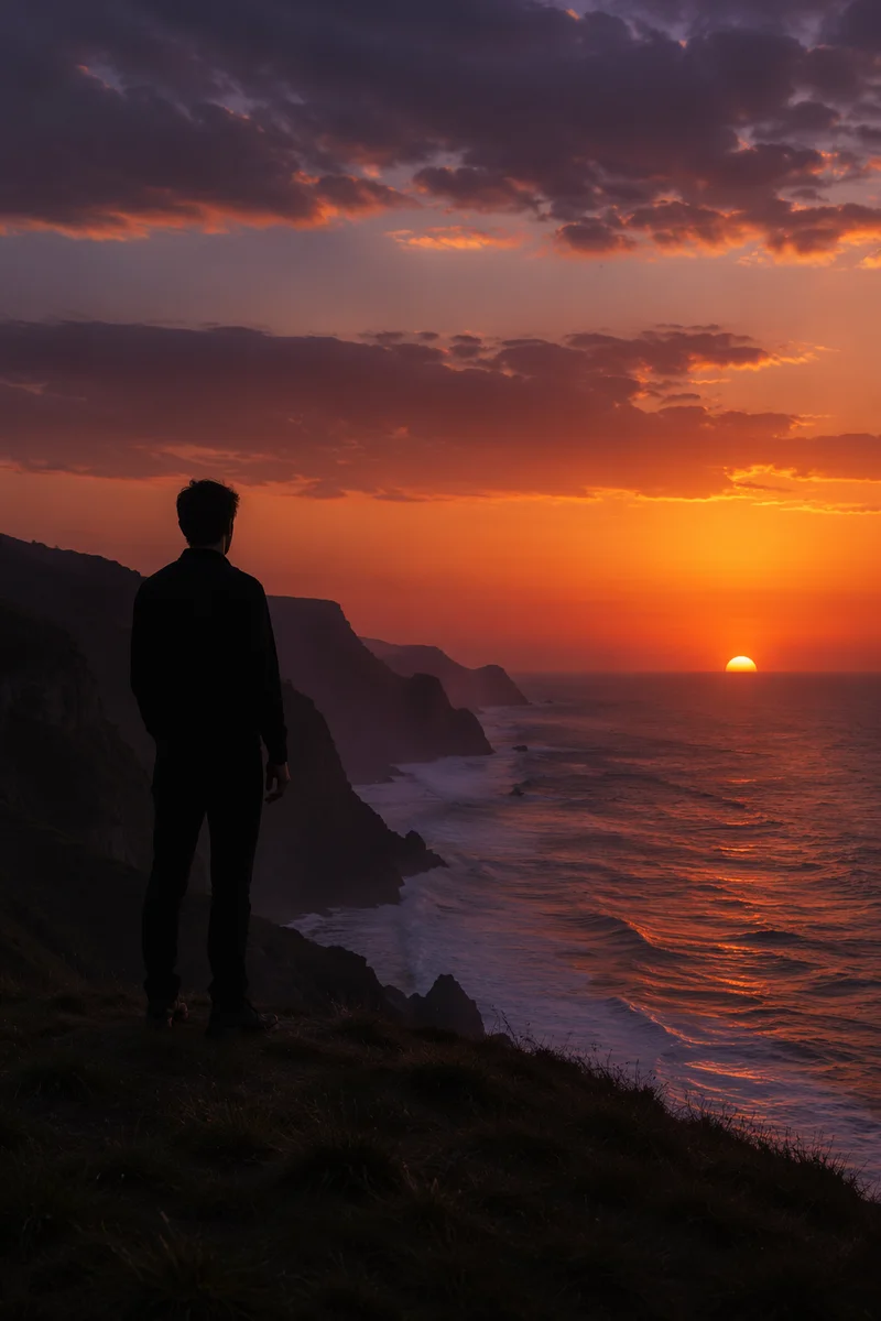 Solitary Silhouette on Coastal Bluff Sunset
