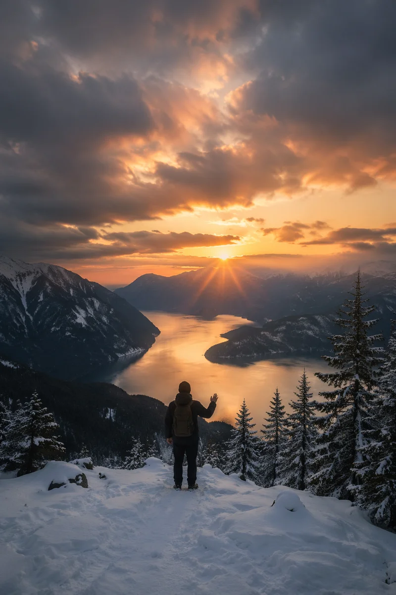 Solitary Silhouette at Snowy Sunset Overlook